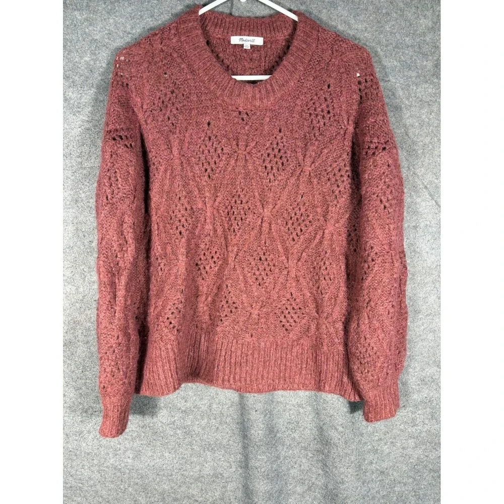 Madewell Pointelle Cable Knit Sweater XS‎ Rosewood Pink Wool Blend NG747 FA22